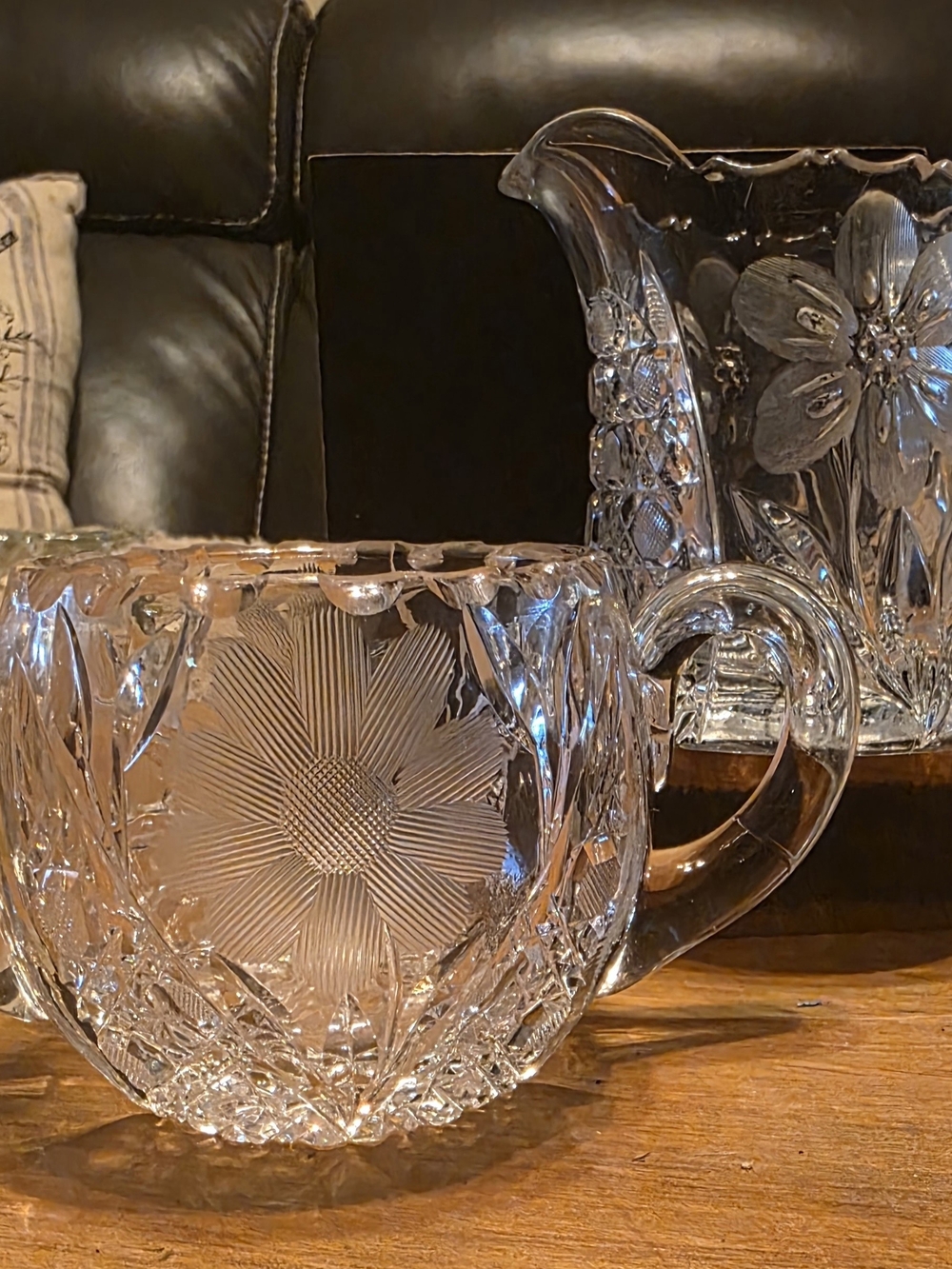 Vintage Heavy Cut Crystal Creamer & Pitcher Set | Floral Etched Crystal